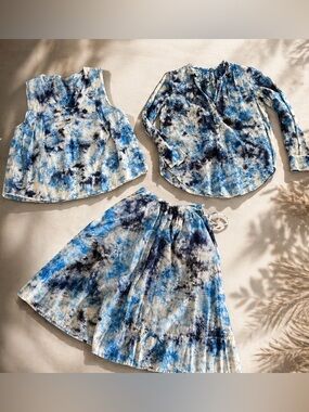 Raquel Allegra Lot Of 3 Blue Tie Dy Boho Tank, Skirt, & Blouse, Over $1k *FLAW*